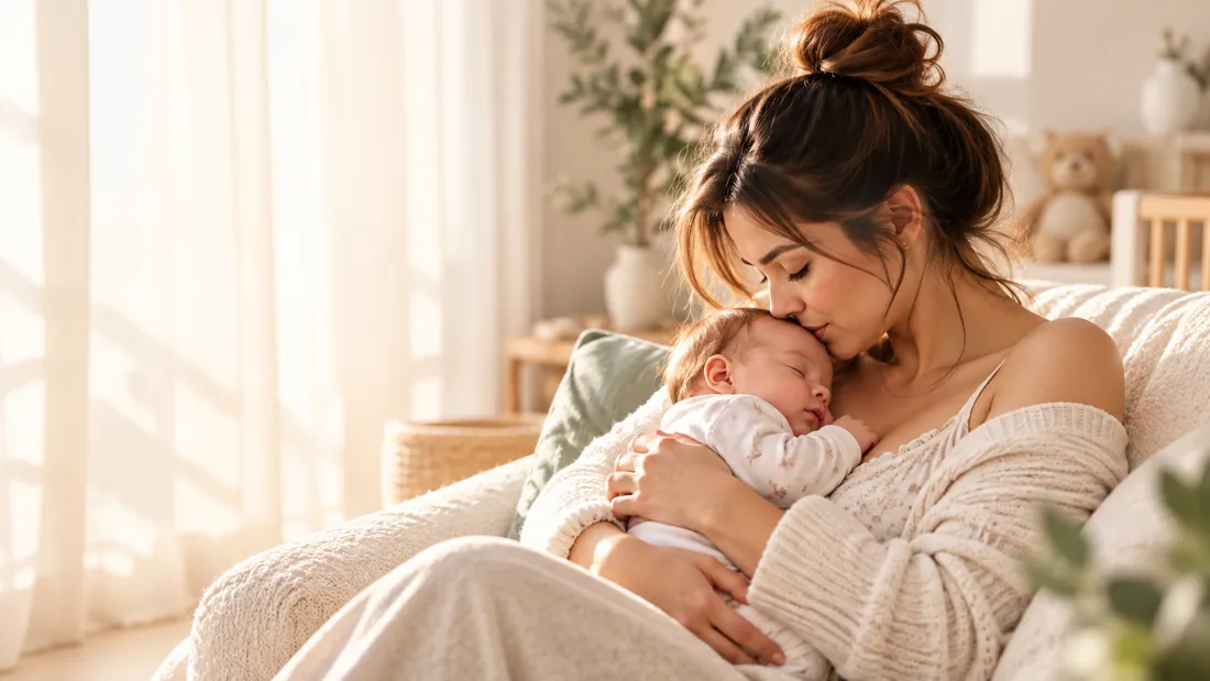 Madre abrazando con cariño a su bebé en un hogar luminoso